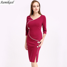 Aamikast Womens Autumn Vintage Brief Split Bottom Elegant Casual Work  O-Neck Bodycon Knee Women Office Pencil Dress vestidos 2024 - buy cheap