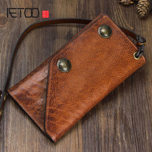 AETOO Pure hand retro leather long wallet multi-functional first layer of leather men and women clutch bag anti-theft chain 2024 - buy cheap