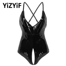 Women Sexy Lace Teddy bodysuits Patent Leather Lingerie Plunging V-neck Adjustable Spaghetti Straps Cross open Crotch Leotards 2024 - buy cheap