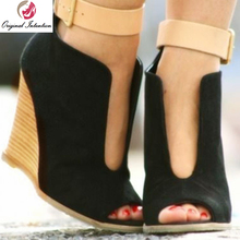 Sandálias femininas de verão da intenção original, saltos altos, sandálias peep toe, fivela, sapatos pretos, tamanho 15 2024 - compre barato