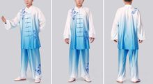 unisex 2pcs/set Tai chi performance clothing veil gradients blue&white porcelain martial art embroidery uniforms wushu suits 2024 - buy cheap