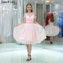 Janevini rosa curto plus size vestidos de dama de honra para mulher uma linha sem mangas ilusão volta elegante lantejoulas contas rendas vestidos de baile 2024 - compre barato