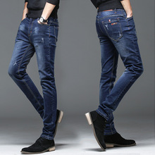 Классические мужские джинсы, синие прямые брюки на весну и осень, повседневные облегающие эластичные джинсы с эффектом поцарапания 2024 - купить недорого