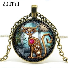 2019/new, punk gear machine cat pattern concave round glass inlaid pendant necklace, wholesale. 2024 - buy cheap