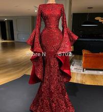 Muçulmanos Vestidos de Noite 2019 Da Sereia Mangas Compridas Lantejoulas Frisado vermelho Islâmico Dubai Kaftan Arábia Árabe Vestido Longo de Noite Formal 2024 - compre barato