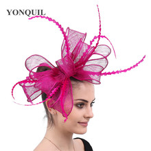 Magenta Navy Bowknot Hairbands Sinamay Fascinators Hats Feather Hair Accessories Lavender Wedding Headwear Free Shipping SYF618 2024 - buy cheap