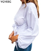 YGYEEG Off Shoulder Women Tops And Blouses Spring 2018 New Arrival Cotton Shirt With Lantern Sleeve Bow Fashion Sexy Wrap Blouse 2024 - buy cheap