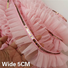 5CM Wide Pink Glitter Sequins Lace 3D Pleated Mesh Fabric Ribbon Ruffle Guipure Trim Dress Collar Headwear DIY Sewing Supplies 2024 - buy cheap