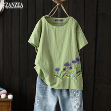 Zanzea blusa feminina bordada de verão, camiseta casual de manga curta com gola redonda, túnica, 2021 2024 - compre barato