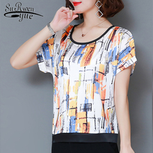 2019 summer clothing new short sleeve  silk chiffon Blouse women tops and blouse fashion o-collar print blouse plus size 4545 50 2024 - buy cheap
