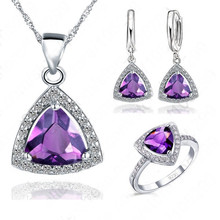Purple Fat Triangle Cubic Zirconia 925 Sterling Silver Jewelry Sets Leverback Earrings Pendant Necklaces Finger Rings US6-9 2024 - buy cheap