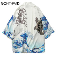 GONTHWID Japanese Crane Printed Kimono Cardigan Haori Jackets Mens Japan 3/4 Sleeve Casual Streetwear Coats Fashion Outwear 2024 - buy cheap