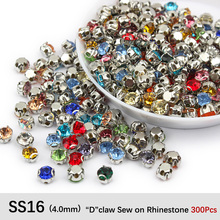 New sale Sew on Rhinestone Mix color SS16 K silver claw Rhinestones 300Pcs for Garment ornament free shipping 2024 - buy cheap