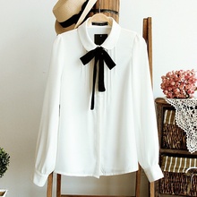 Women Blouses Elegant Chiffon Shirt Black Bow Tie Peter pan Collar Casual Shirt Ladies Tops School Style Girl Blouse 2 style 2024 - buy cheap