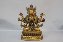 Estátua do budismo tibetano antigo, templo e bronze, ouro, 3 cabeças, 8 braços, buda kwan-yin, 12 polegadas 2024 - compre barato