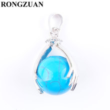 RONGZUAN Natural Blue Turquoises  Round Ball Stone Beads Silver Plated Hands Palm Pendants Reiki Chakra Jewelry 1Pcs TN3154 2024 - buy cheap