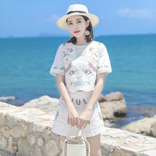 2021 Summer Cotton 2 Piece Set Women Slim Embroidery Short Set Fashion Lace Trim Short Sleeve Crop Top+High Waist Shorts Suit 2024 - buy cheap