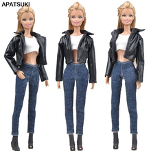 1 conjunto roupas de casaco de couro para boneca barbie, casaco jeans e calças, top curto, roupas artesanais para acessórios de casa de bonecas 2024 - compre barato