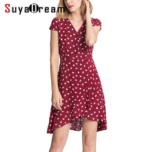 Women MINI dress Luxury 100% Real silk Short sleeved Hearts Printed dresses 2021 Summer Burgundy 2024 - buy cheap