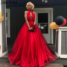 JaneVini Sexy Prom Dresses Red with Pockets A Line Halter Sleeveless Open Back Organza Sweep Train Long Prom Gowns Gala Jurken 2024 - buy cheap