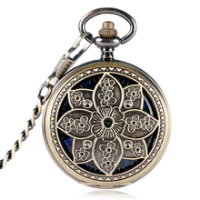 2017 Retro Lotus Flower Copper Pocket Watch Women Skeleton Mechanical Hand-winding Blue Roman Numerals Pendant Clock Gift P2016C 2024 - buy cheap