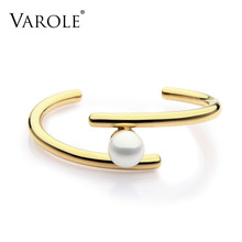 VAROLE Simple Line Pearl Cuff Bracelets & Bangles Open Gold Color Love Bangle Bracelets for Women Jewelry Pulseira Feminina 2024 - buy cheap