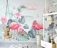 Hand-painted Nordic wind tropical plants flamingo sofa background wall painting 2024 - buy cheap