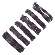 6pcs/set wholesale hippie punk dark brown Leather thick thin cord macrame knots wrap Layers stackable Bracelet Bangles for man 2024 - buy cheap