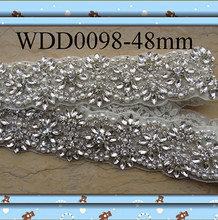(10 YARDS) Wholesale hand beaded bridal applique crystal rhinestone pearl trim iron on for wedding evening dress sash WDD0098 2024 - buy cheap