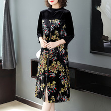 Otoño mujeres terciopelo vestido elegante Split Patchwork de manga tres cuartos negro Vestidos 2018 moda impreso vestido Floral M-4XL 2024 - compra barato