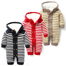 Outono bebê recém-nascido macacão engrossado inverno listrado com capuz camisola de malha quente macacão casaco de lã para o bebê menina menino 2024 - compre barato