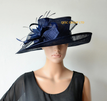 NEW Big Navy blue  wide brim Dress women's hat Church Sinamay Hats with feather flowers for races,wedding,Kentucky derby,party 2024 - buy cheap