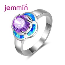 Романтическое кольцо с цветком, инкрустированное большим фиолетовым кристаллом, голубое огненное кольцо для свадебной вечеринки, ювелирное изделие из стерлингового серебра 925 пробы 2024 - купить недорого