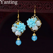 Brincos étnicos de pedra natural yanting para mulheres, calcedônia azul, flor de resina, coração doce, contas, joias de moda 0417 2024 - compre barato
