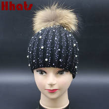 shining rhinestone genuine beanie hat for women girl real raccoon fur pompom winter hat knitted warm female caps 2024 - buy cheap
