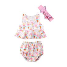 Ice Cream Printed Newborn Baby Girls Clothes Sets Sleeveless Vest Tops Shorts Briefs Headband 3pcs Outfits Clothes 2024 - buy cheap