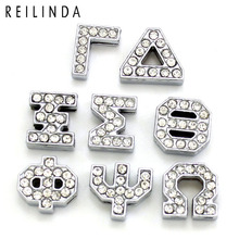 Wholesale 10pcs/pack Silver Color Full Rhinestone Greek Letters Charms Fit 8mm Leather Bracelets & Necklace Jewelry Making 2024 - buy cheap