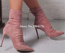 Hot Selling Women Fashion Pointed Toe Suede Leather Thin Heel Short Boots Pink Blue Zipper-up High Heel Ankle Boots Dress Shoes 2024 - buy cheap