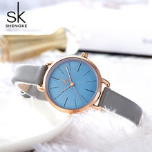 Shengke New Women Watches Grey Thin Leather Green Simple Dial Quartz Ladies Watches Colorful Gift For Girls Relogio Feminino 2024 - buy cheap