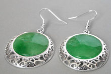 VINTAGE 925 STERLING SILVER NATURAL GREEN Natural jade COIN BEADS DANGLE EARRINGS 2" 2024 - buy cheap