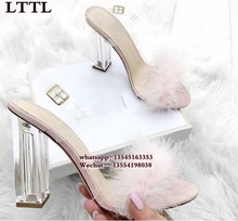 Newest Sexy Clear Gladiator Sandals Woman Peep Toe PVC Transparent Fur Leather Buckle Strap High Heel Shoes Sandals For Women 2024 - buy cheap
