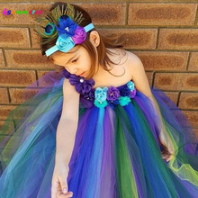 Elegante vestido de tutú de pavo real y Diadema de flores para niñas, vestido de pavo real de boda, disfraz de fiesta de cumpleaños para niños TS117 2024 - compra barato