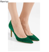 Green Suede leather women's high heels pointed toe sexy pumps thin heel female stiletto silp-on OL lady out fits dress shoes 2024 - buy cheap