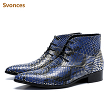 Fashion Serpentine Dressing Man Boots Genuine Leather Lace-up Pointed Toe Designer Male Ankle Boot  Breathable Brand Shoes Men 2024 - buy cheap