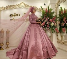 Розовое мусульманское арабское свадебное платье с длинными рукавами и высоким горлом бальное платье Дубай Арабский Кафтан атласные свадебные платья 2019 2024 - купить недорого