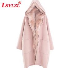 Зимнее женское розовое шерстяное пальто со съемным большим меховым воротником 2018 Длинное свободное теплое шерстяное пальто с капюшоном трендовая одежда Q69 2024 - купить недорого