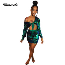 Mutevole Women Sexy Two Piece Sequin Set Clubwear Long Sleeve Crop Top and Skirt 2 Piece Set V Neck Glitter Paillette Mini Dress 2024 - buy cheap