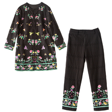 Conjunto de 2 peças feminino de outono de alta qualidade, casaco solto bordado floral + calças de algodão, design elegante para mulheres 2024 - compre barato