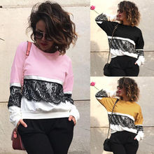 2017 Women Long Sleeve Tops Lace Patchwork Hoodie Jumper O-neck Pullover Coat Autumn Winter Sweatshirt 2024 - buy cheap