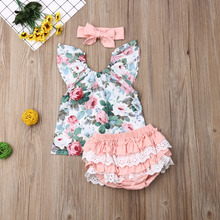 Roupa floral fofa bebê menina roupas florais camiseta + shorts + bandana 3 peças conjunto de roupas de menina 2024 - compre barato